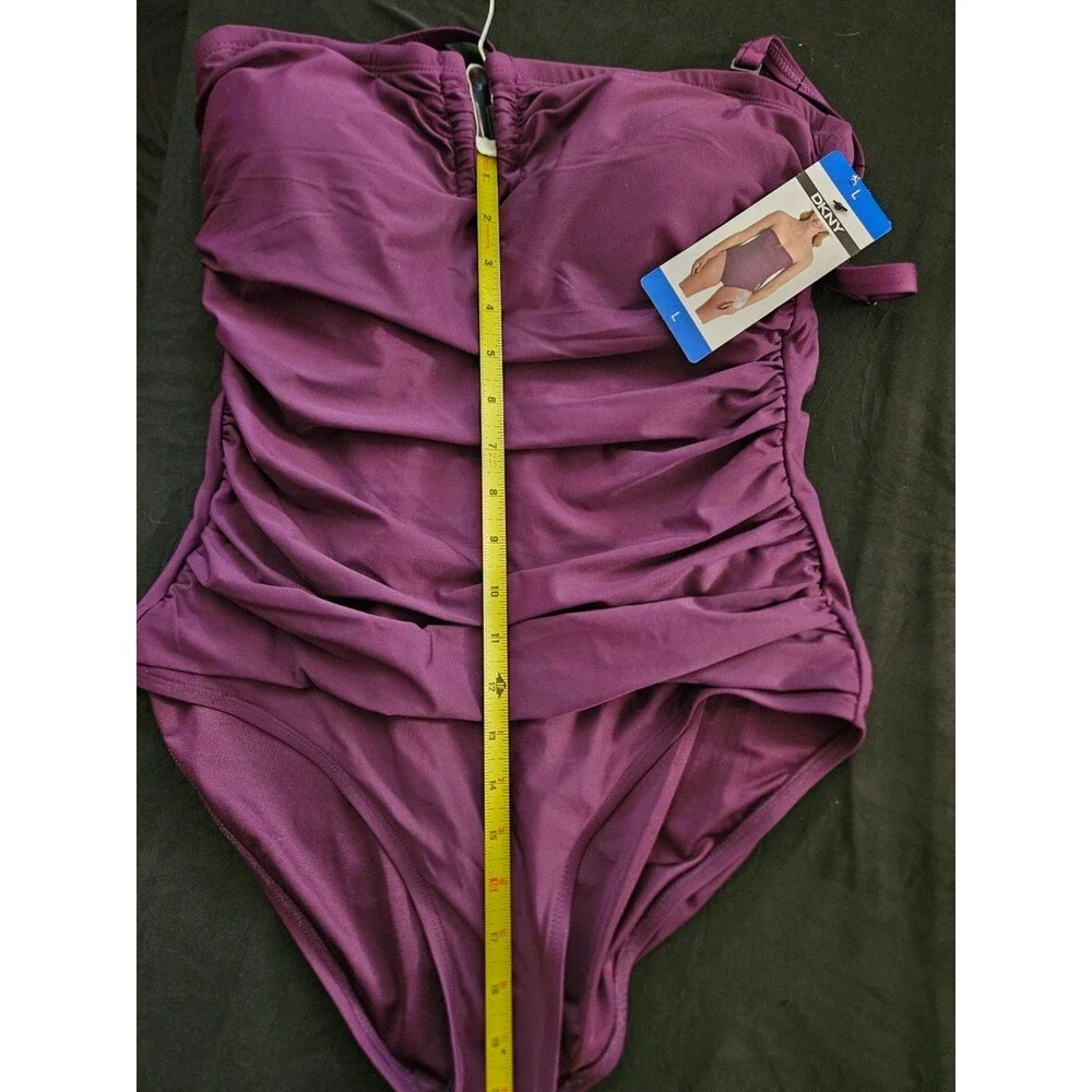 DKNY PURPLE RUCHED ONE PIECE SWIMSUIT REMOVABLE STRAP SZ L NWT - Picture 4 of 10